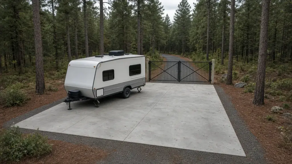 A single RV on a site with a closed gate in the background