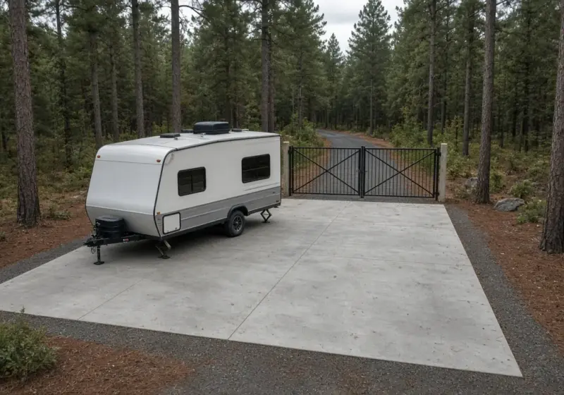 A single RV on a site with a closed gate in the background