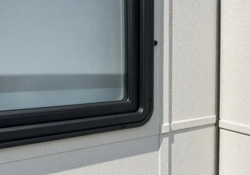A close-up of an RV window with its rubber seal