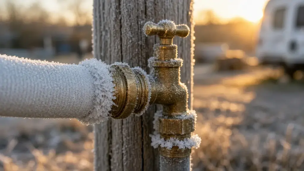 Frost on an RV water hose connection on a cold morning