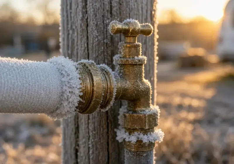 Frost on an RV water hose connection on a cold morning