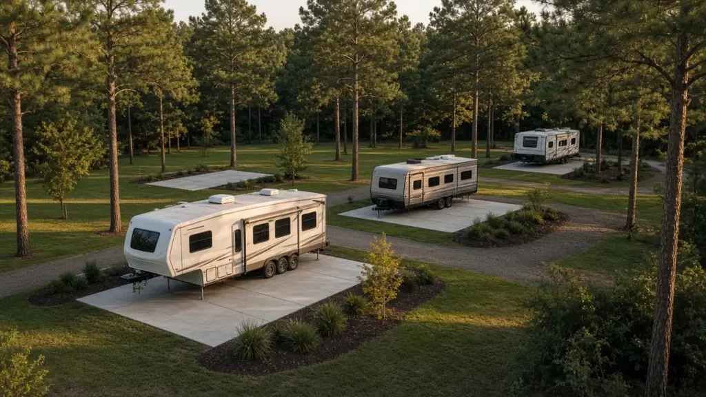 A small RV park without a pool, showing concrete pads and simple landscaping