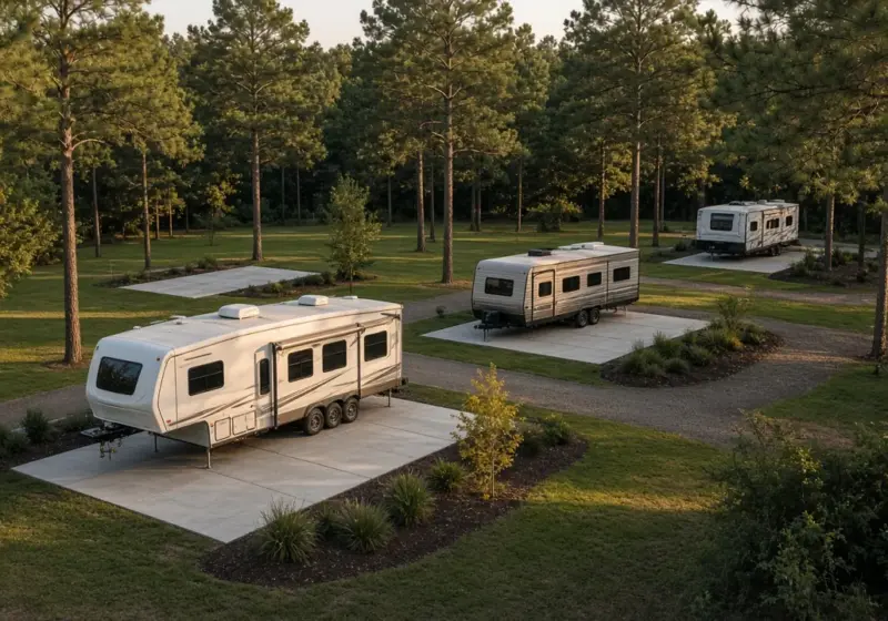 A small RV park without a pool, showing concrete pads and simple landscaping