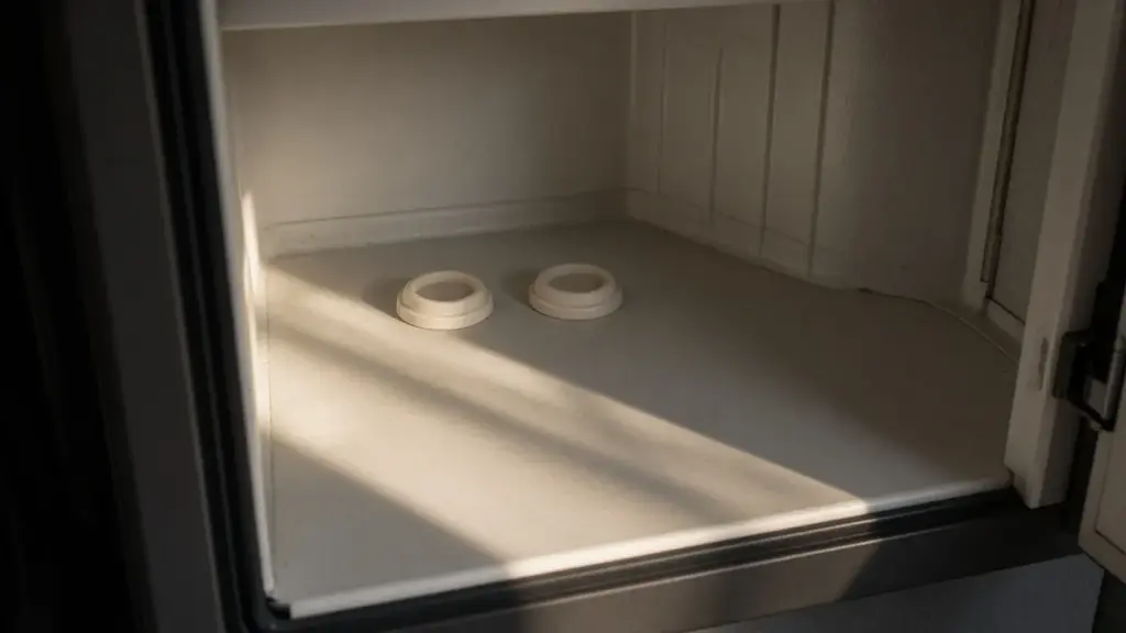 Ant bait stations inside an RV kitchen cabinet