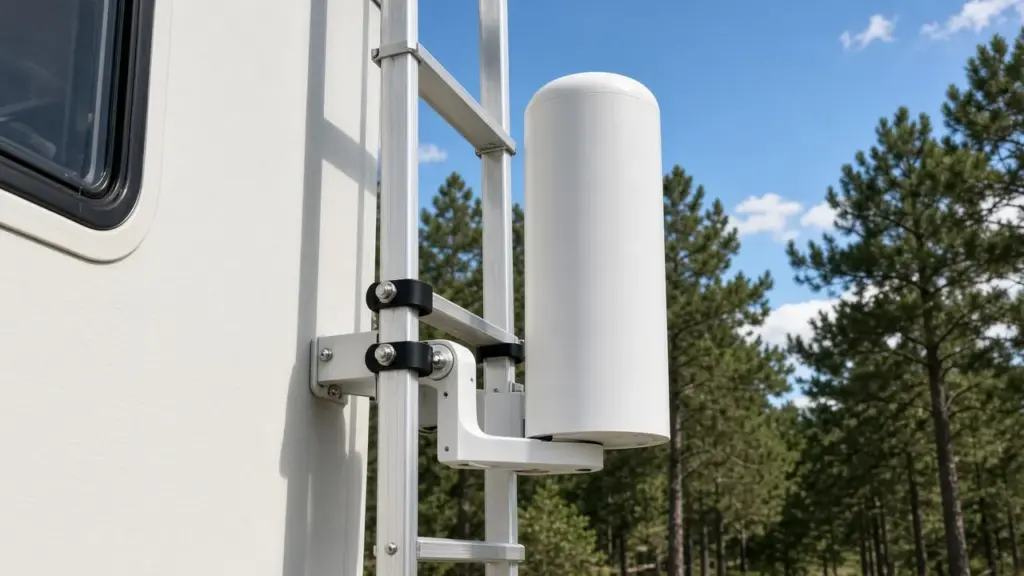 A cellular signal booster antenna mounted on an RV ladder