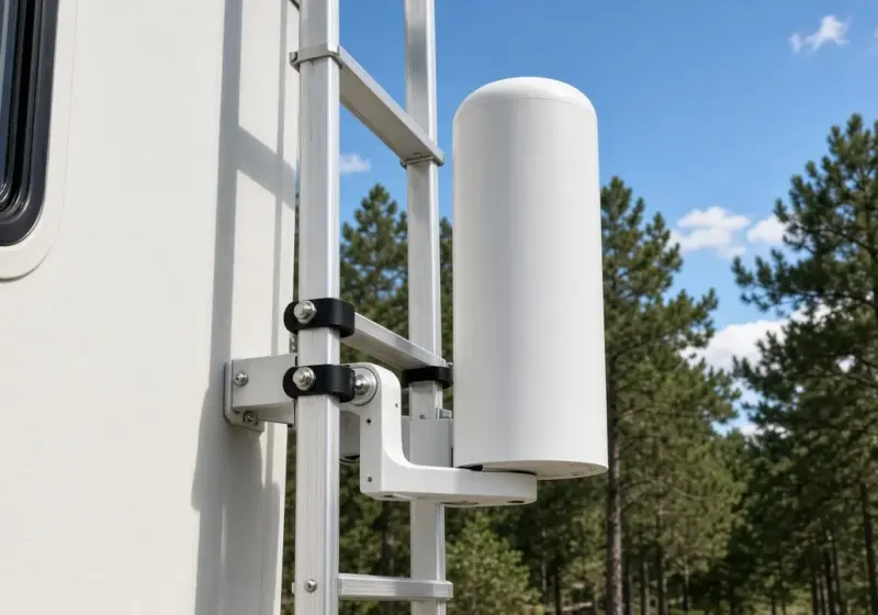 A cellular signal booster antenna mounted on an RV ladder