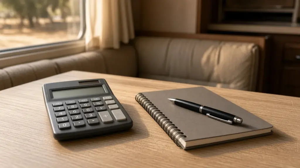 A calculator and a budget notebook on an RV table