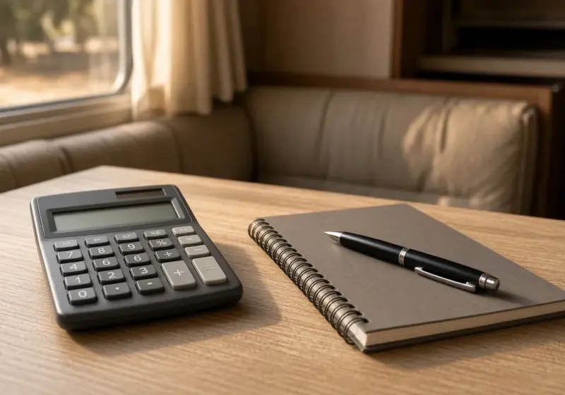 A calculator and a budget notebook on an RV table