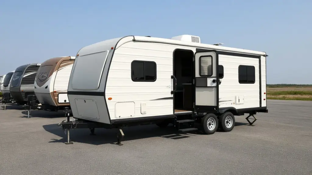 A used travel trailer with its door open on a dealer lot