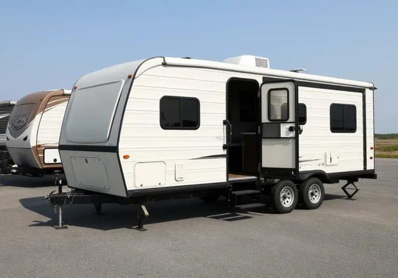 A used travel trailer with its door open on a dealer lot