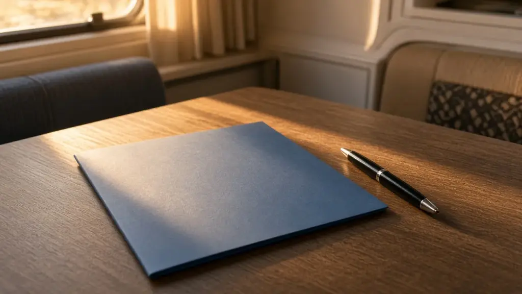 An insurance folder and a pen on an RV table