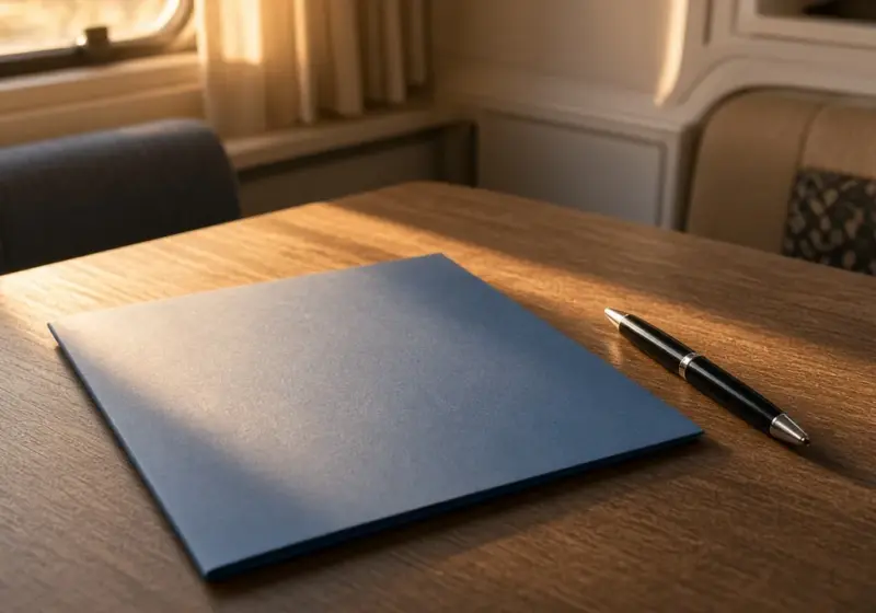 An insurance folder and a pen on an RV table