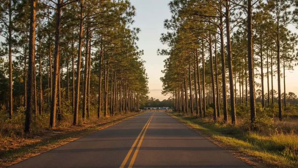 A two-lane country road leading toward a small RV park