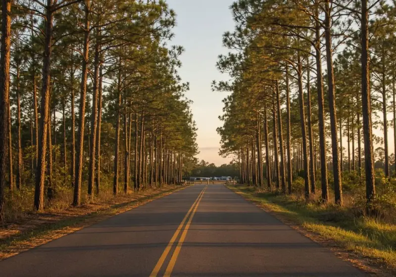 A two-lane country road leading toward a small RV park