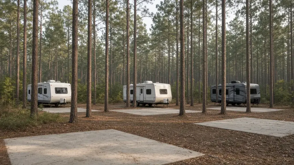 A quiet RV park surrounded by pine trees with no highway in view