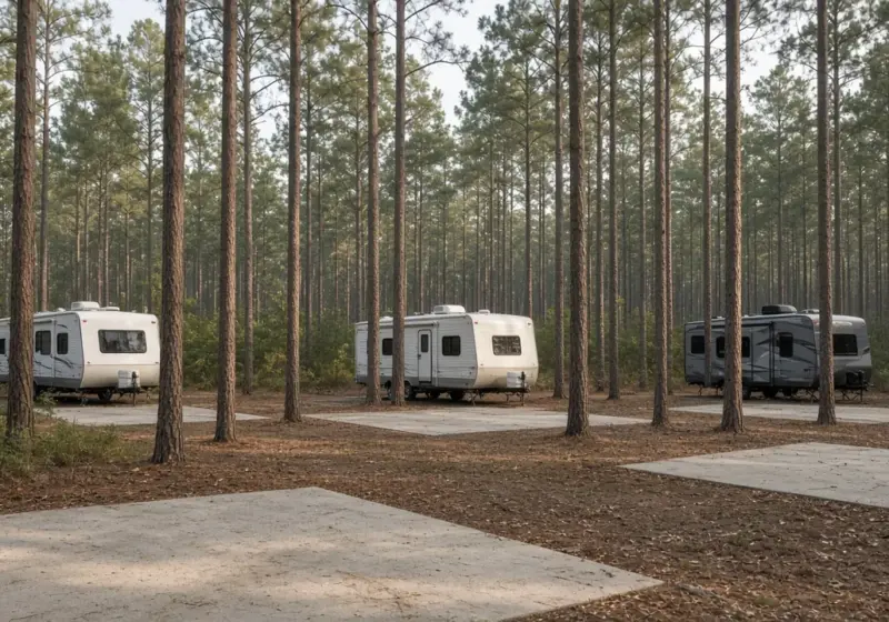 A quiet RV park surrounded by pine trees with no highway in view