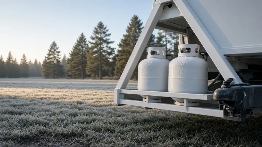 A propane tank with frost on it on a cold morning