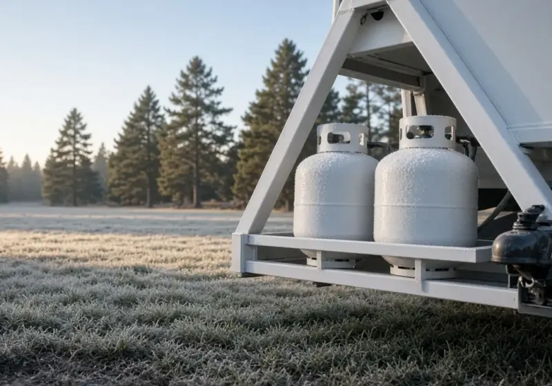A propane tank with frost on it on a cold morning