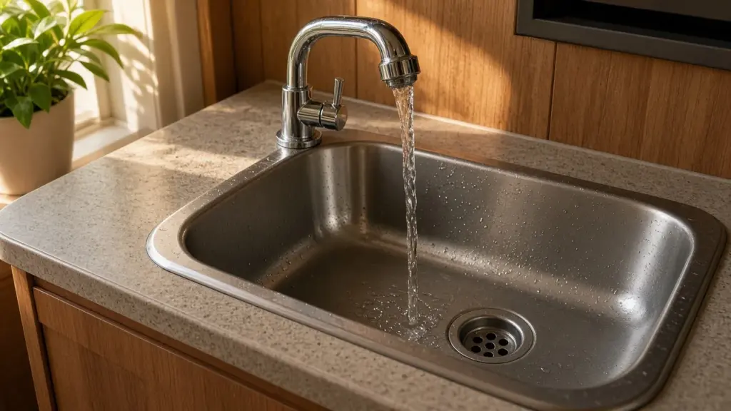 An RV faucet with a low-flow aerator in a compact sink