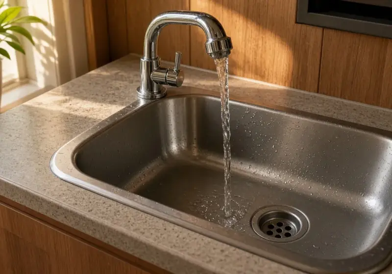 An RV faucet with a low-flow aerator in a compact sink