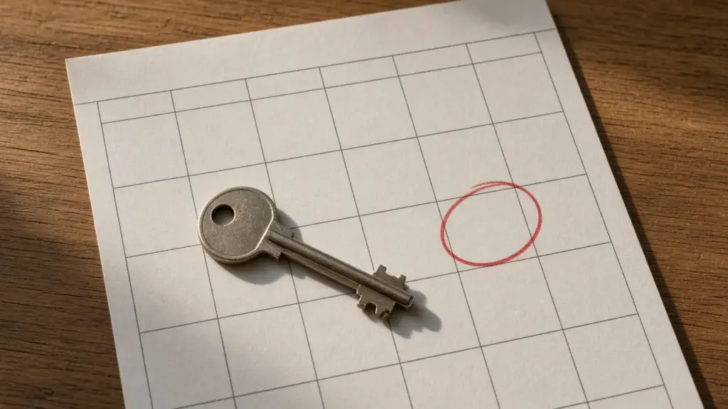 A calendar with a date circled and an RV key on a table