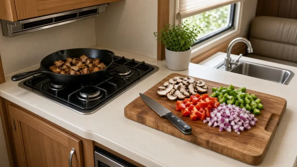 A compact RV kitchen with a skillet on the stovetop and fresh vegetables on a cutting board