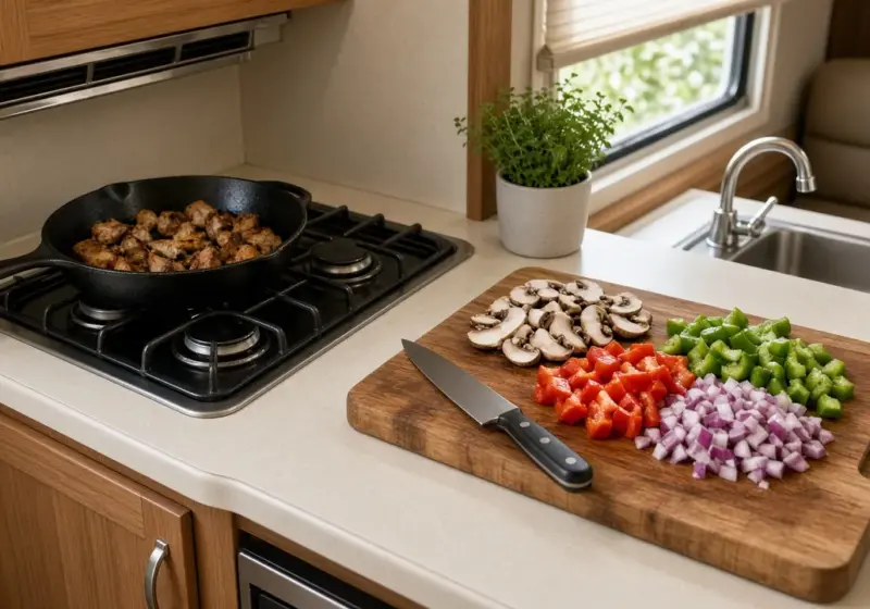 A compact RV kitchen with a skillet on the stovetop and fresh vegetables on a cutting board
