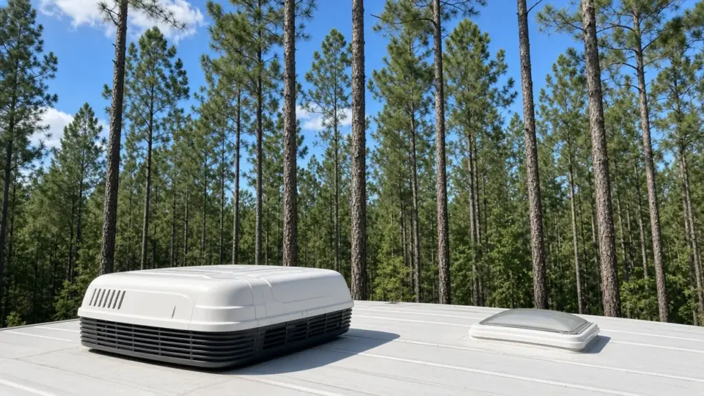 An RV furnace vent and a heat pump unit on the roof