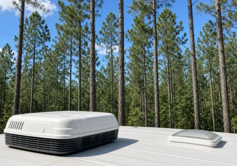 An RV furnace vent and a heat pump unit on the roof