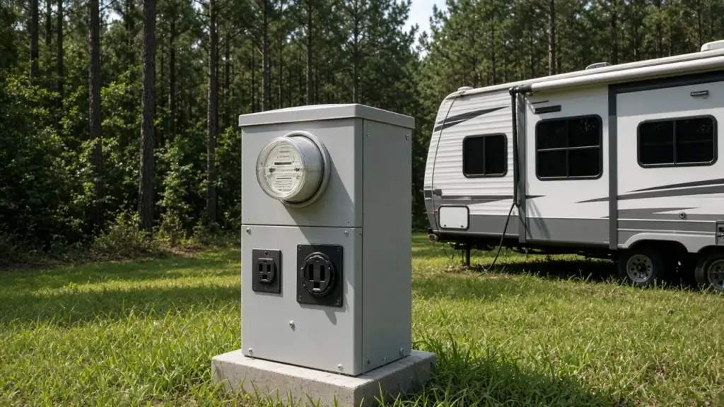 An electric meter on an RV power pedestal