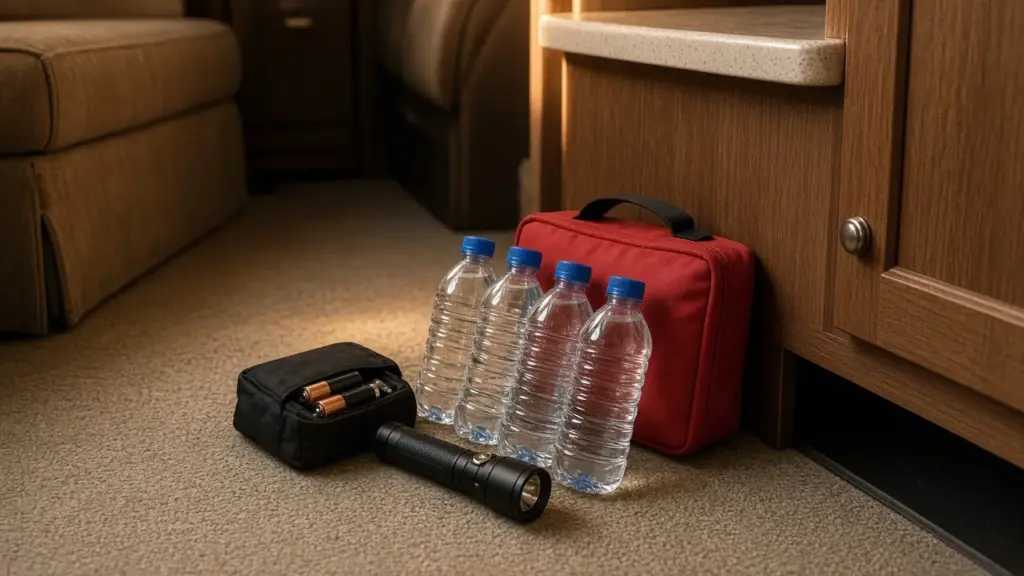 An emergency kit with water, flashlight, batteries, and first aid supplies on an RV floor