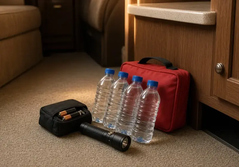 An emergency kit with water, flashlight, batteries, and first aid supplies on an RV floor