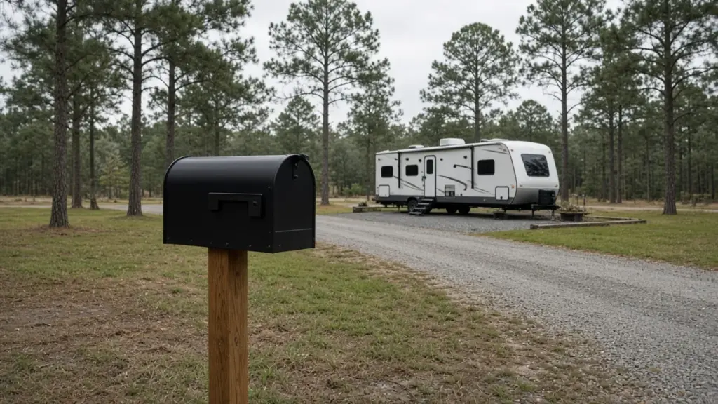 A mailbox on a post beside a travel trailer