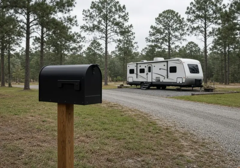 A mailbox on a post beside a travel trailer