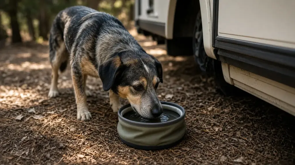 A dog drinking water from a travel bowl in the shade