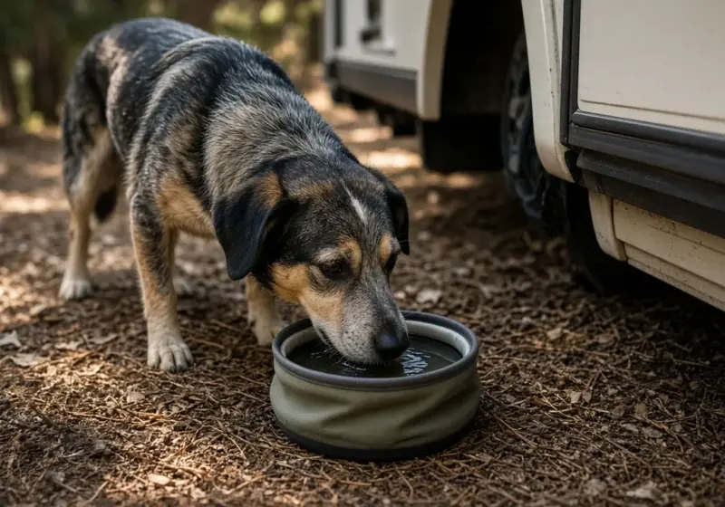 A dog drinking water from a travel bowl in the shade