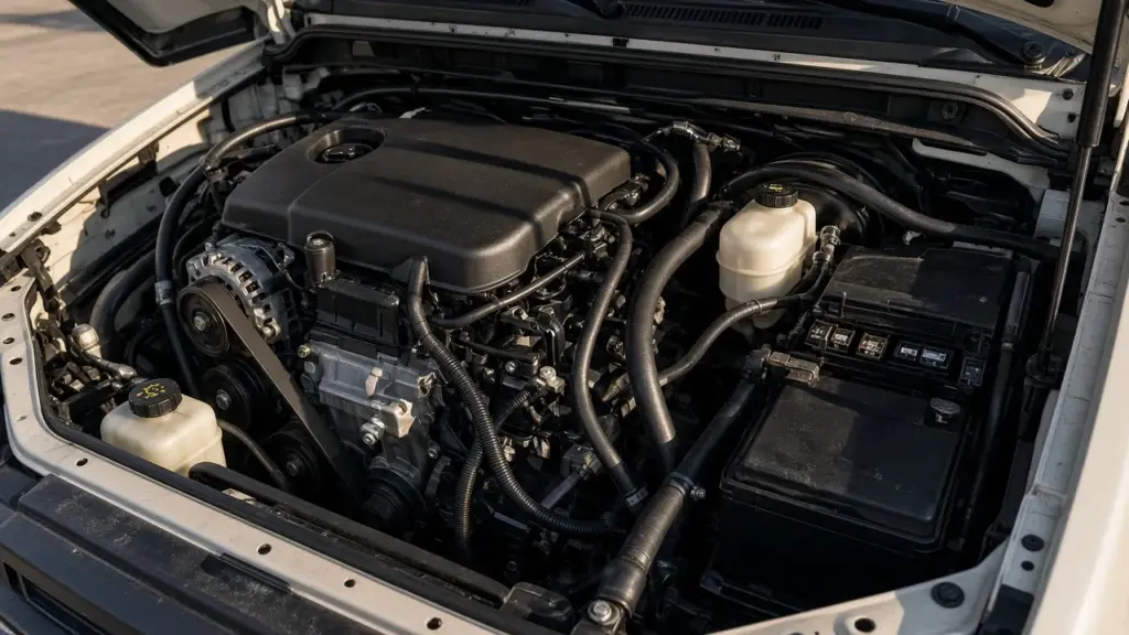 A class A motorhome engine compartment open with clean components