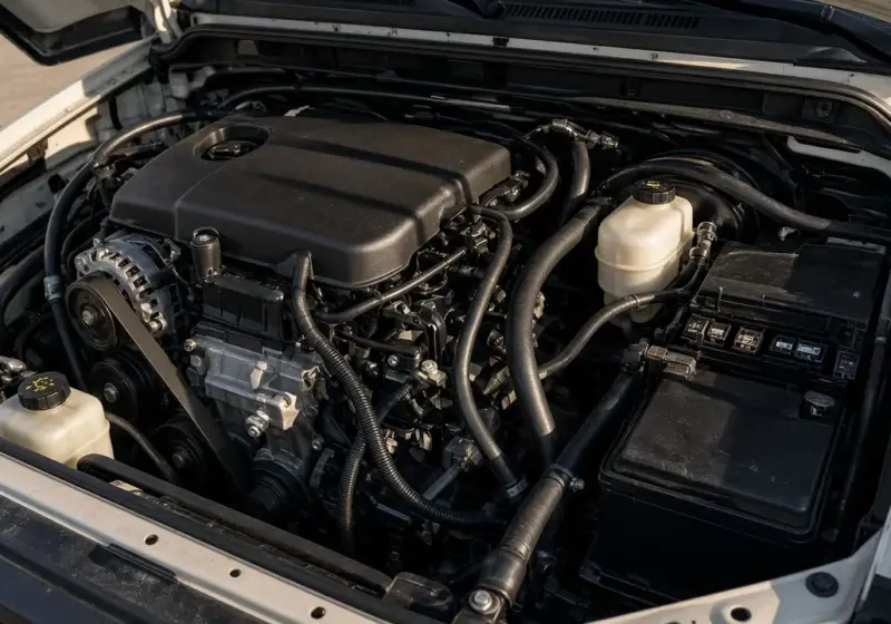 A class A motorhome engine compartment open with clean components