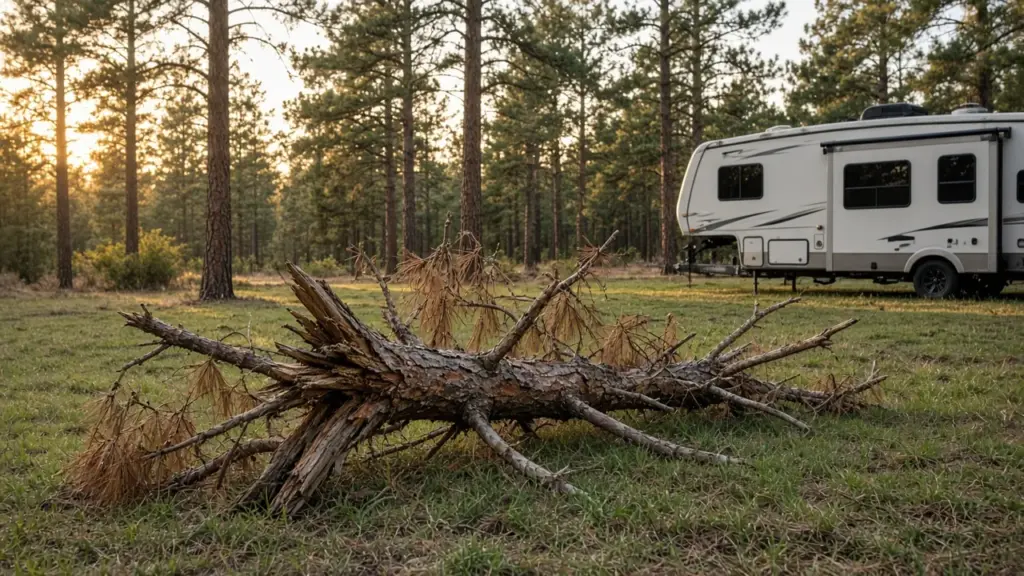 A large pine limb lying on the ground near an RV