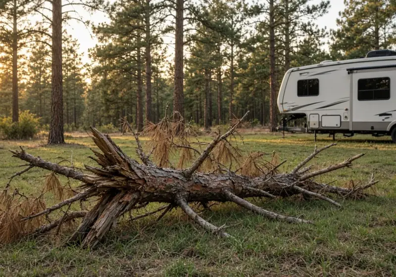 A large pine limb lying on the ground near an RV