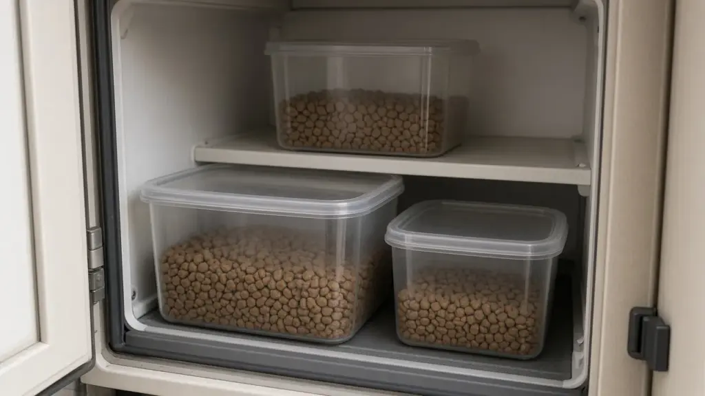 Sealed pet food containers in an RV cabinet