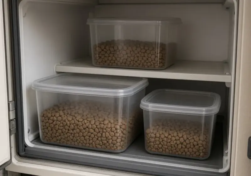 Sealed pet food containers in an RV cabinet