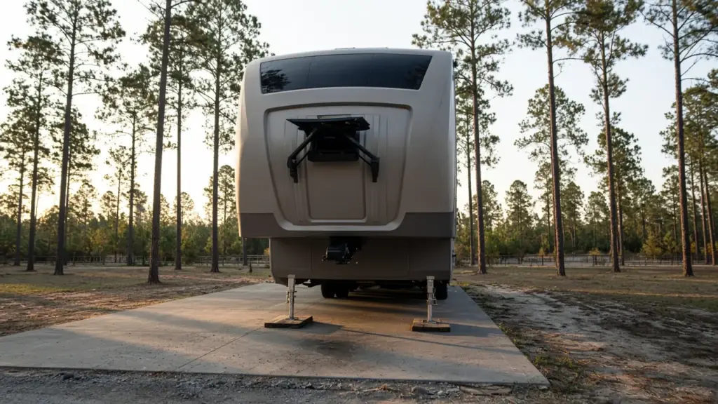 A fifth wheel hitch pin box and landing gear on a concrete pad