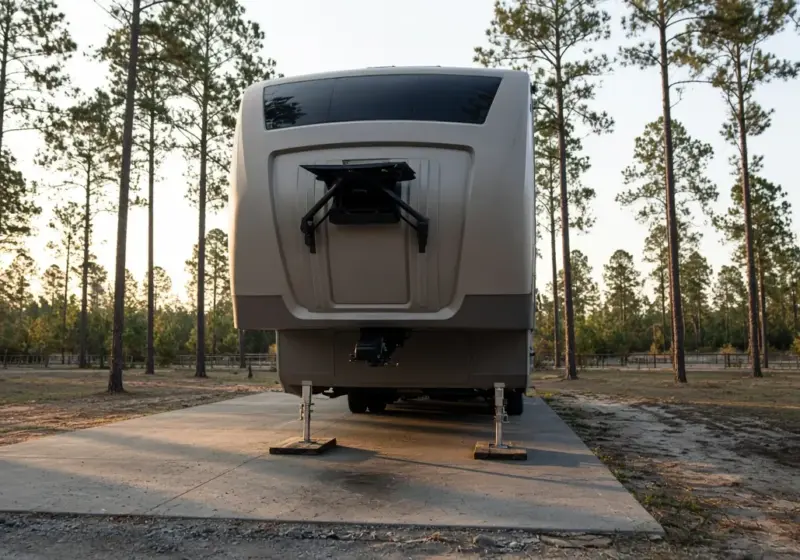 A fifth wheel hitch pin box and landing gear on a concrete pad