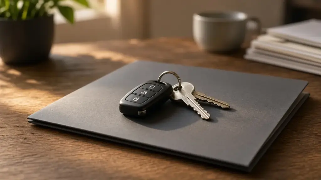 RV keys resting on a loan paperwork folder