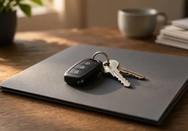 RV keys resting on a loan paperwork folder