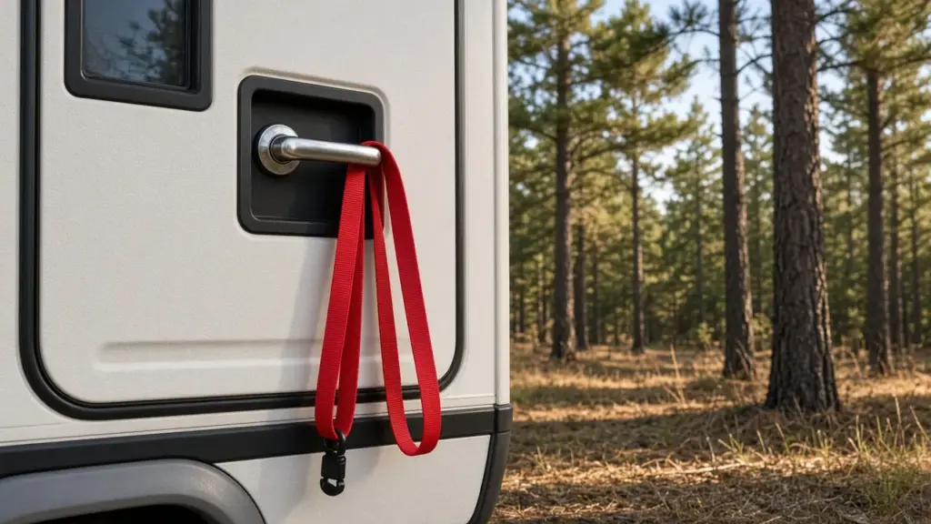 A dog leash hanging on the door handle of a travel trailer