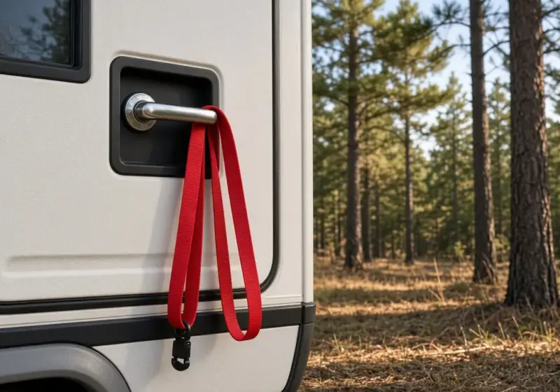 A dog leash hanging on the door handle of a travel trailer
