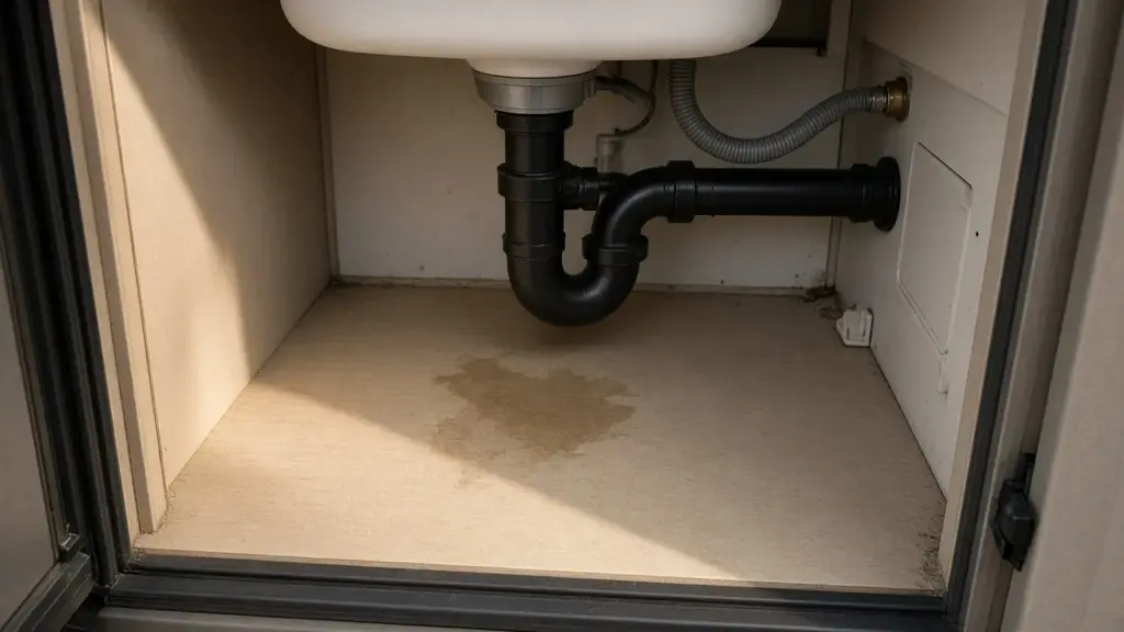 A water stain on an RV cabinet under a sink