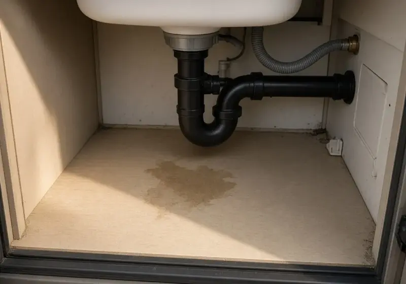 A water stain on an RV cabinet under a sink